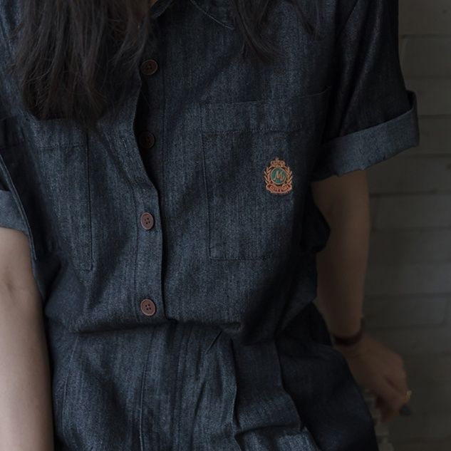 デニムセットアップ 刺繍入り半袖デニムセットアップ