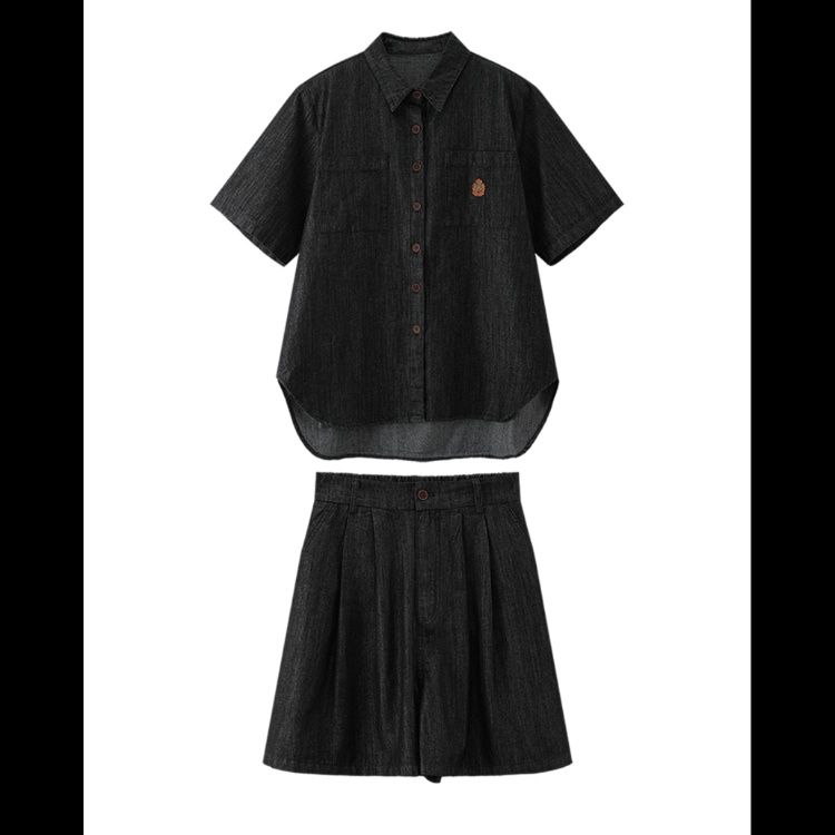 デニムセットアップ 刺繍入り半袖デニムセットアップ