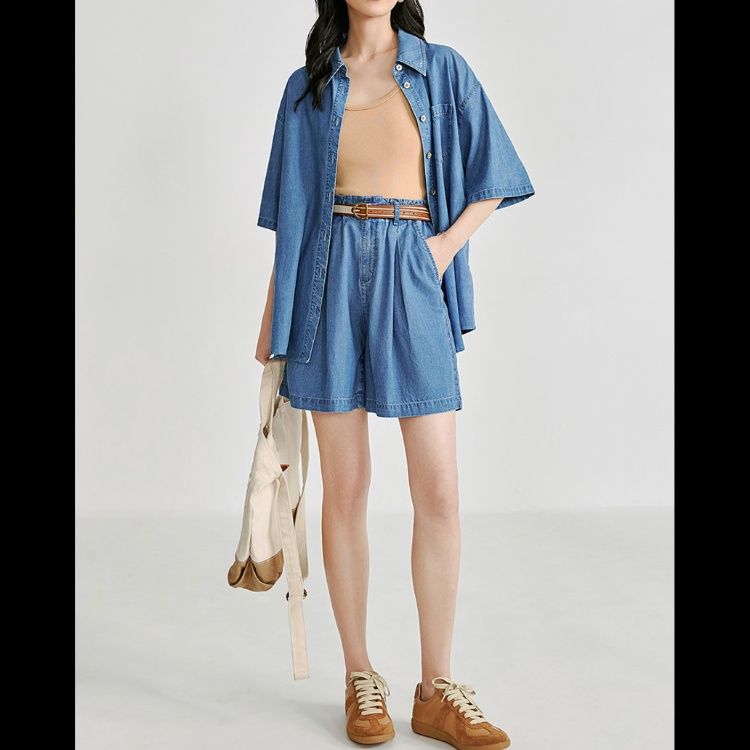 デニムセットアップ 涼やか五分袖デニムセットアップ