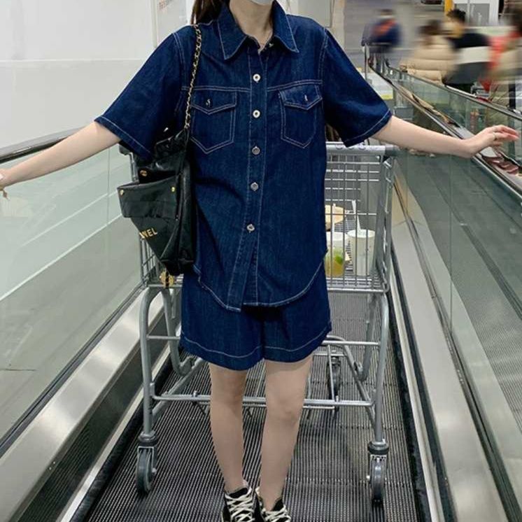 デニムセットアップ ゆったり半袖デニムセットアップ