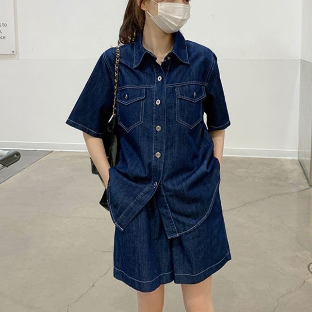 デニムセットアップ ゆったり半袖デニムセットアップ