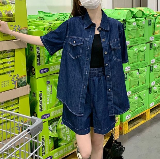 デニムセットアップ ゆったり半袖デニムセットアップ