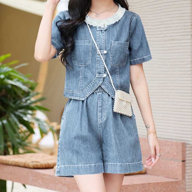 デニムセットアップ フリル襟レトロデニムセットアップ