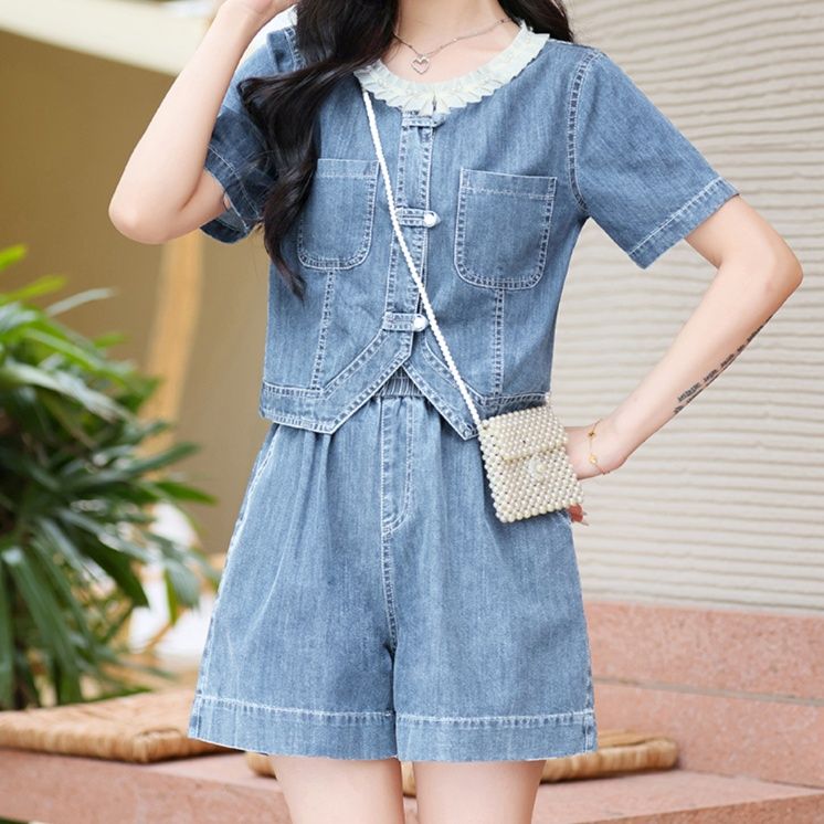 デニムセットアップ フリル襟レトロデニムセットアップ