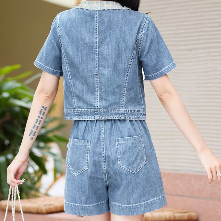 デニムセットアップ フリル襟レトロデニムセットアップ