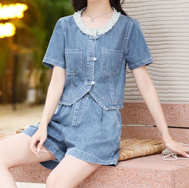 デニムセットアップ フリル襟レトロデニムセットアップ