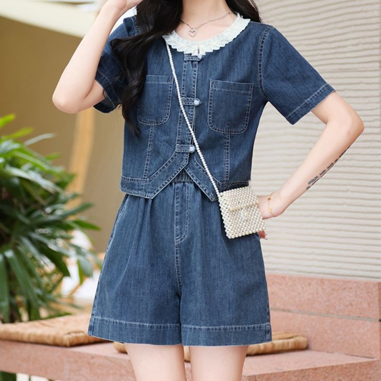 デニムセットアップ フリル襟レトロデニムセットアップ