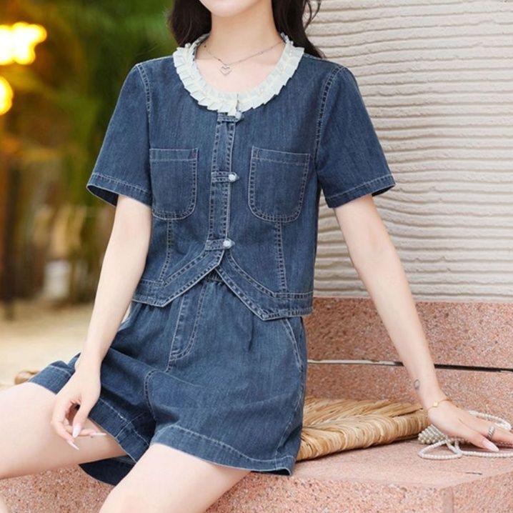 デニムセットアップ フリル襟レトロデニムセットアップ