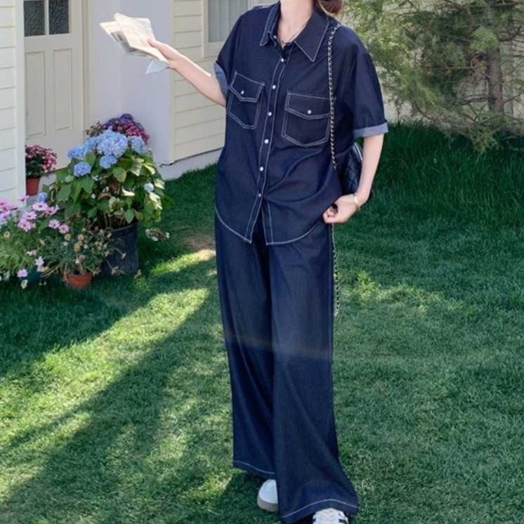 デニムセットアップ ゆったりステッチデニムセットアップ