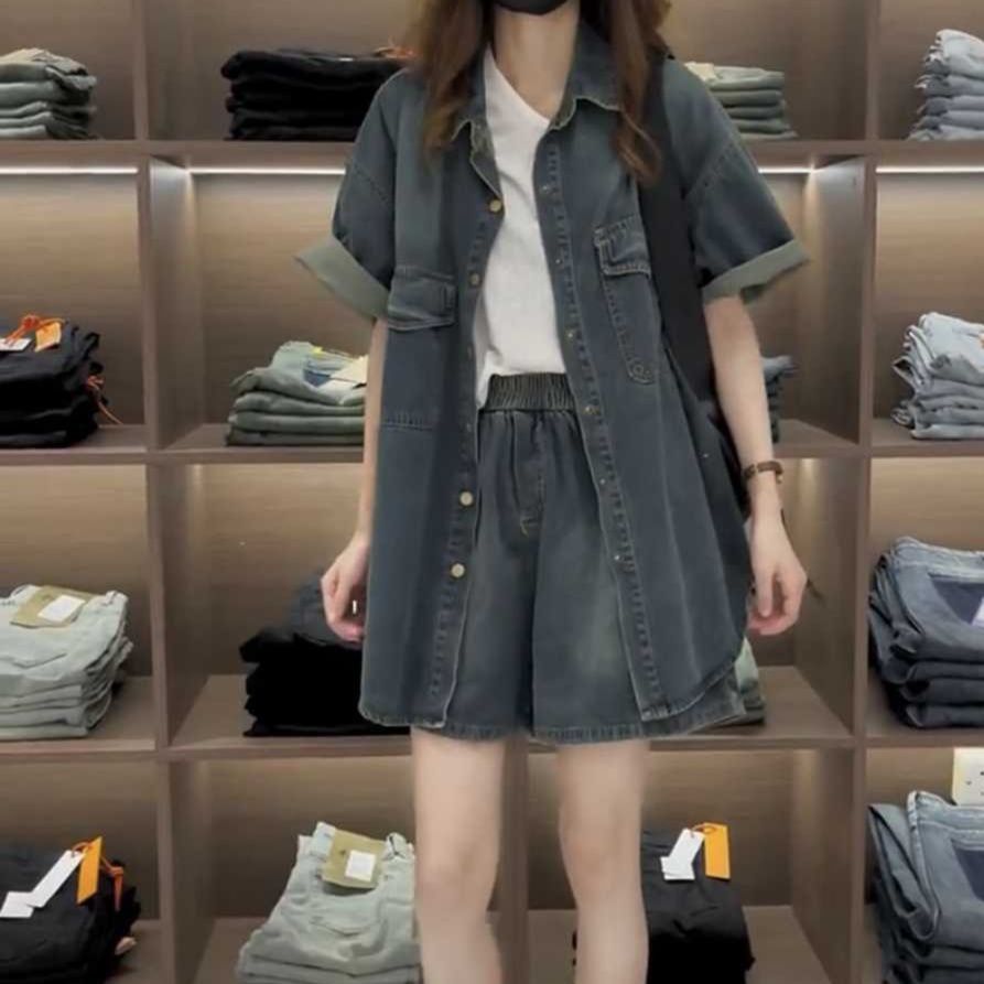 デニムセットアップ ゆったり半袖デニムシャツセット