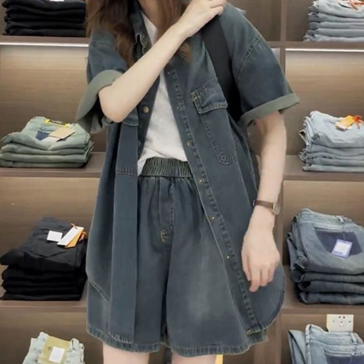 デニムセットアップ ゆったり半袖デニムシャツセット