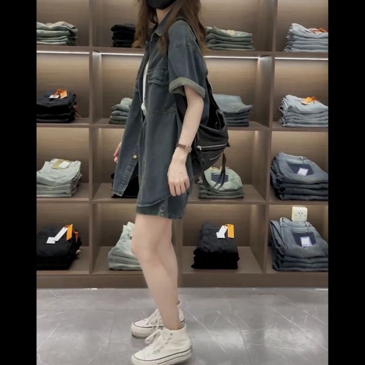 デニムセットアップ ゆったり半袖デニムシャツセット