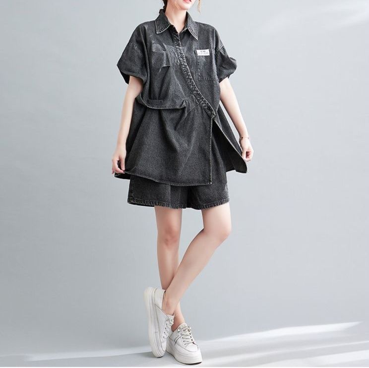 デニムセットアップ ゆったりデザイン斜めボタンシャツセット