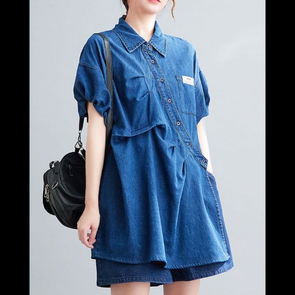 デニムセットアップ ゆったりデザイン斜めボタンシャツセット