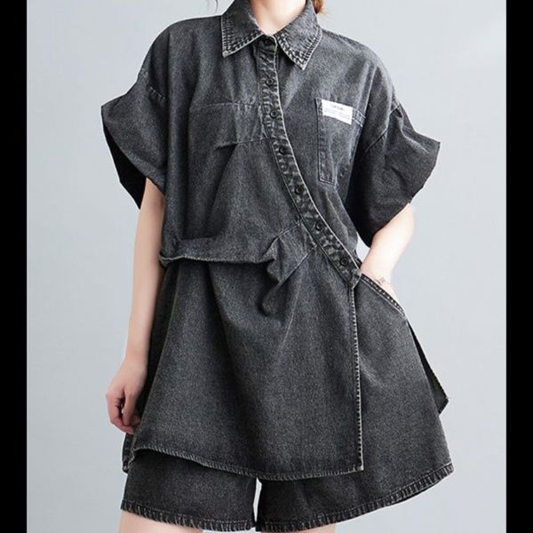 デニムセットアップ ゆったりデザイン斜めボタンシャツセット