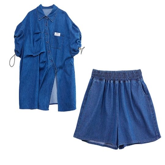 デニムセットアップ ゆったりデザイン斜めボタンシャツセット