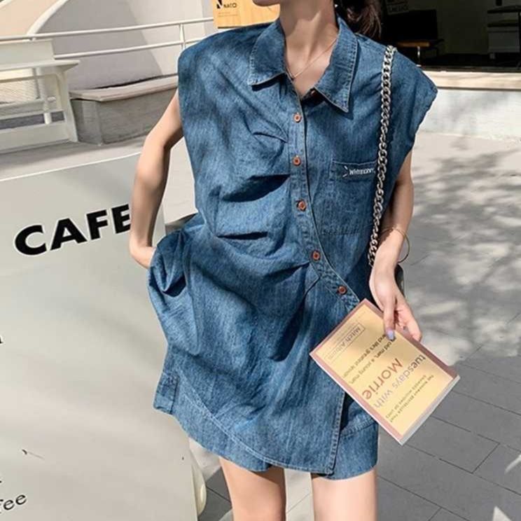 デニムセットアップ こなれノースリーブシャツセット