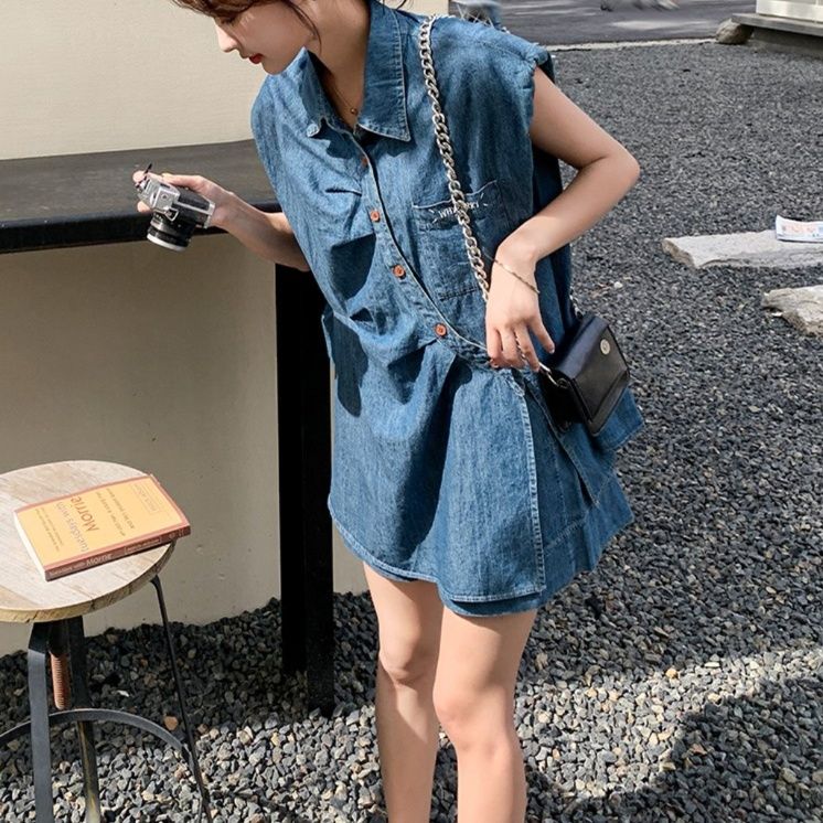 デニムセットアップ こなれノースリーブシャツセット