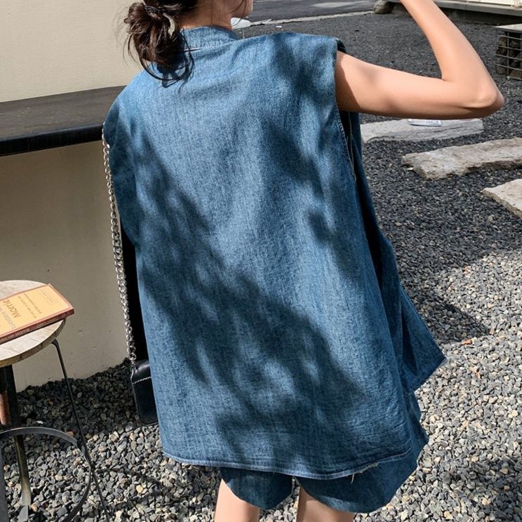 デニムセットアップ こなれノースリーブシャツセット