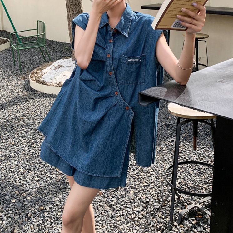 デニムセットアップ こなれノースリーブシャツセット