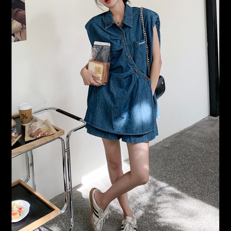 デニムセットアップ こなれノースリーブシャツセット