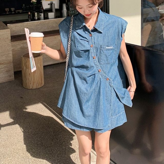 デニムセットアップ こなれノースリーブシャツセット