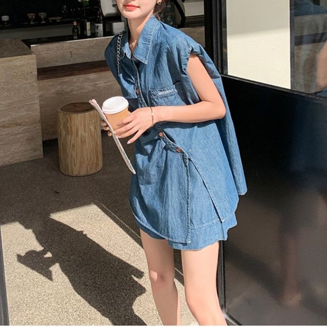 デニムセットアップ こなれノースリーブシャツセット