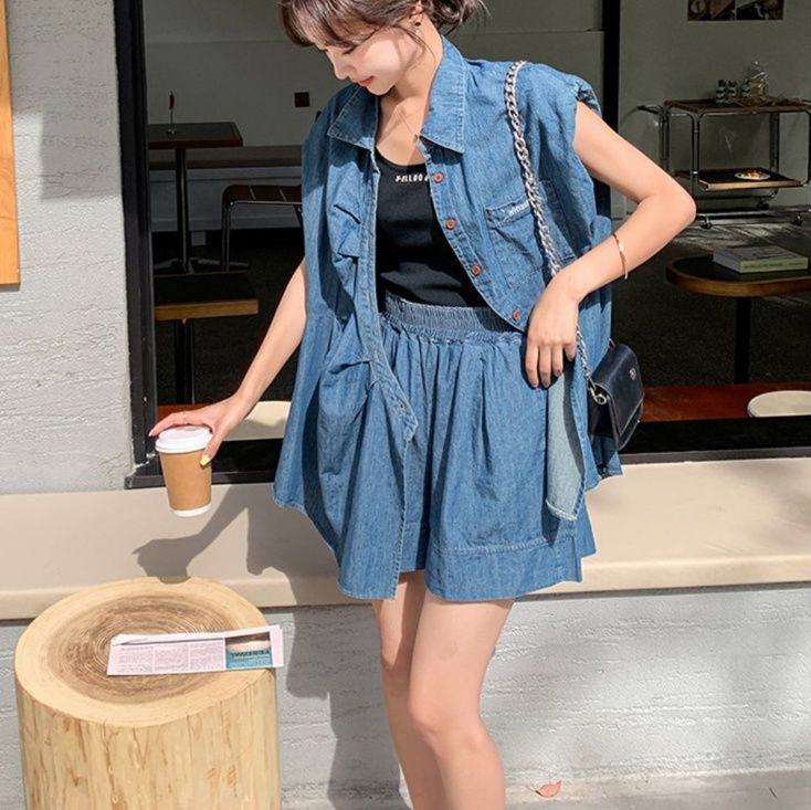 デニムセットアップ こなれノースリーブシャツセット