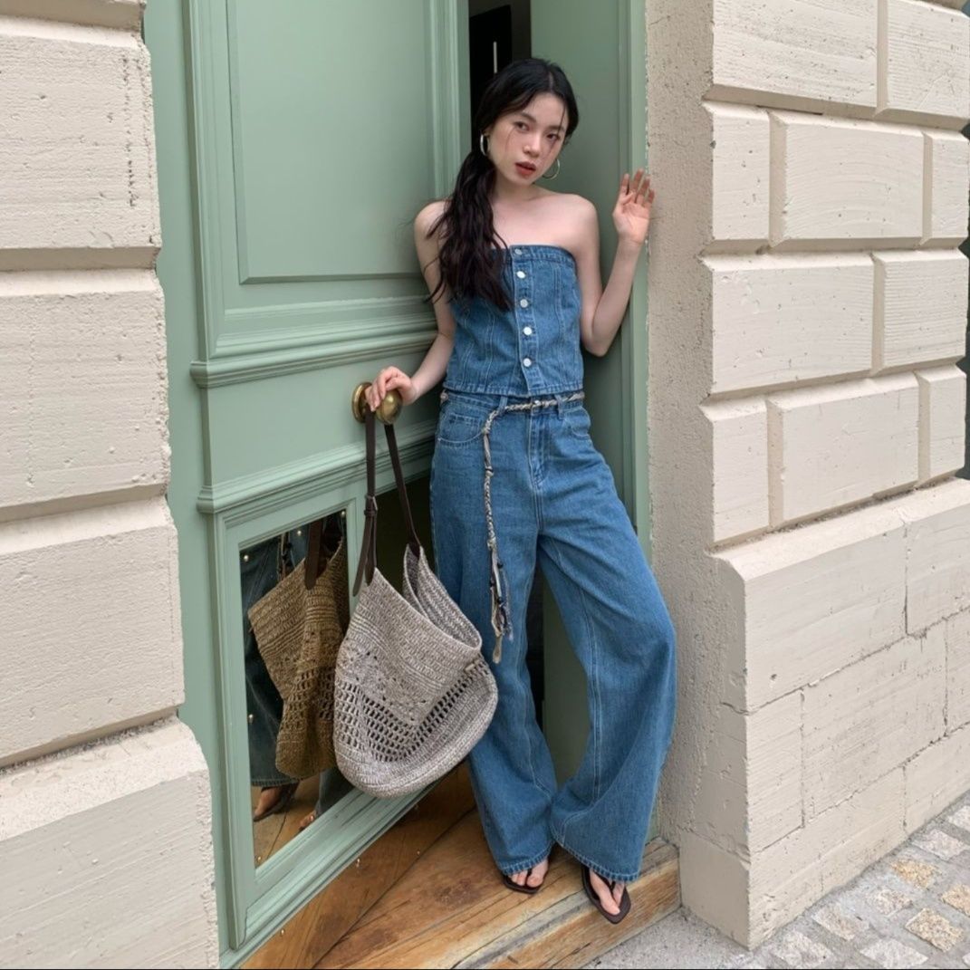 デニムセットアップ デニムビスチェワイドパンツセット