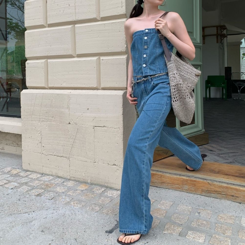 デニムセットアップ デニムビスチェワイドパンツセット