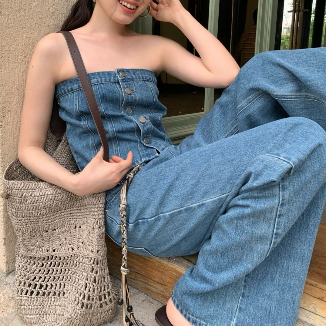 デニムセットアップ デニムビスチェワイドパンツセット