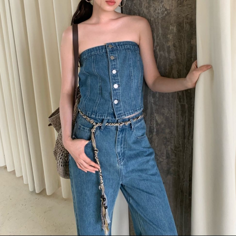 デニムセットアップ デニムビスチェワイドパンツセット