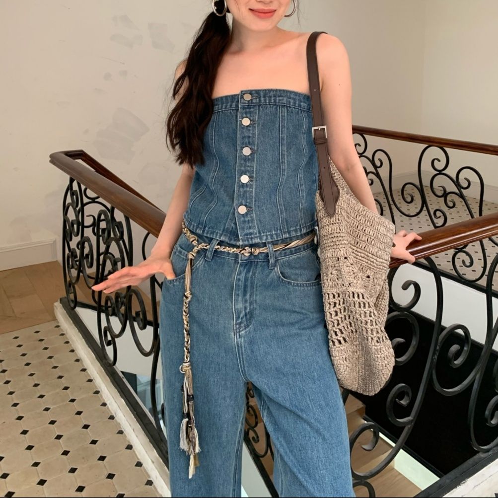 デニムセットアップ デニムビスチェワイドパンツセット