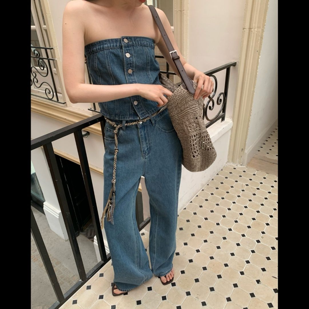 デニムセットアップ デニムビスチェワイドパンツセット