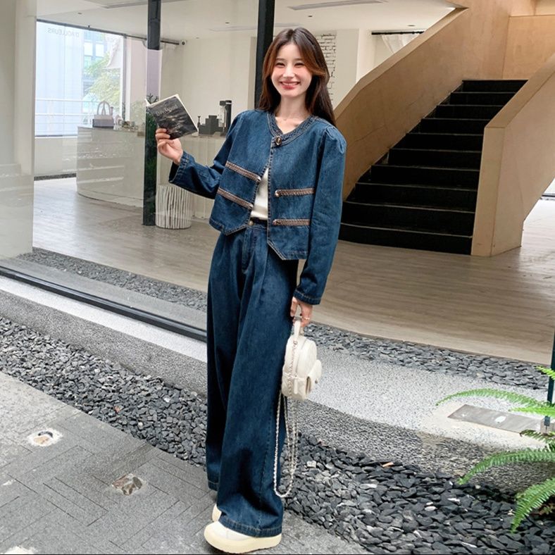 デニムセットアップ 襟なしデニムジャケット＆ワイドパンツセット