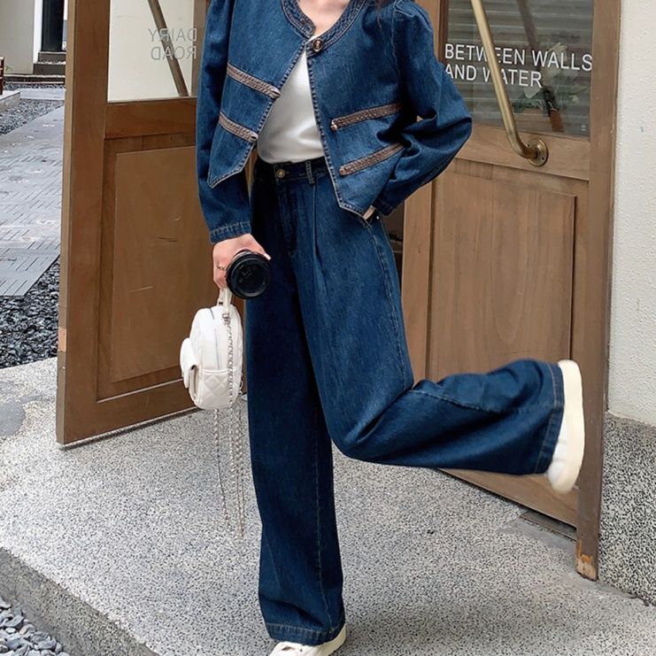 デニムセットアップ 襟なしデニムジャケット＆ワイドパンツセット