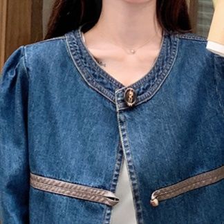 デニムセットアップ 襟なしデニムジャケット＆ワイドパンツセット