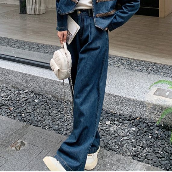 デニムセットアップ 襟なしデニムジャケット＆ワイドパンツセット