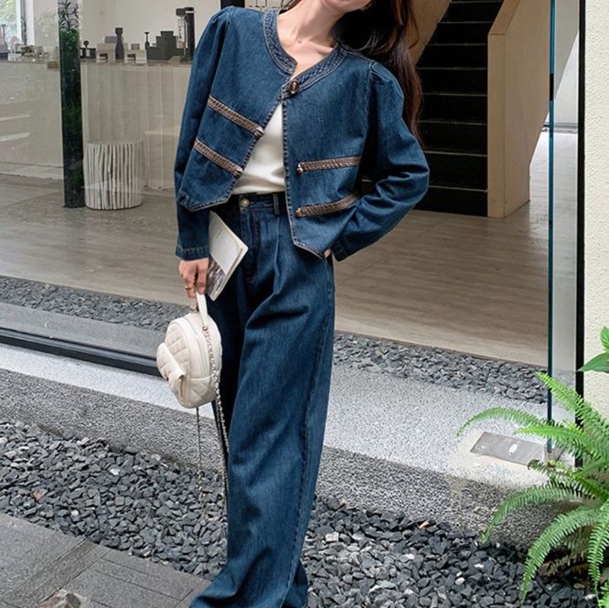 デニムセットアップ 襟なしデニムジャケット＆ワイドパンツセット