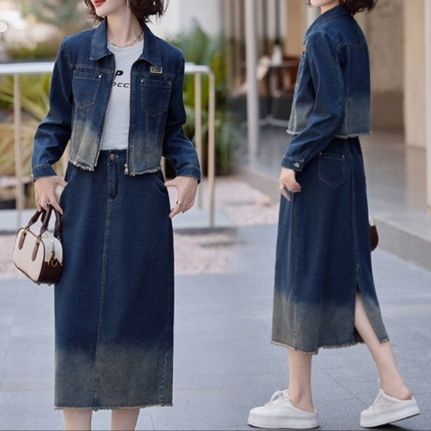 デニムセットアップ 裾グラデーション加工デニムジャケットスカート二点組
