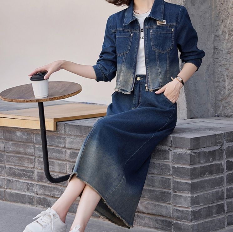 デニムセットアップ 裾グラデーション加工デニムジャケットスカート二点組