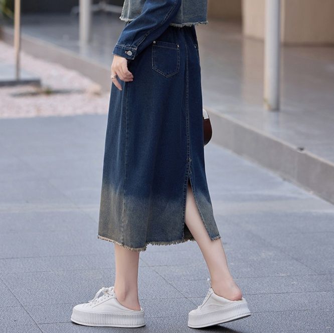 デニムセットアップ 裾グラデーション加工デニムジャケットスカート二点組