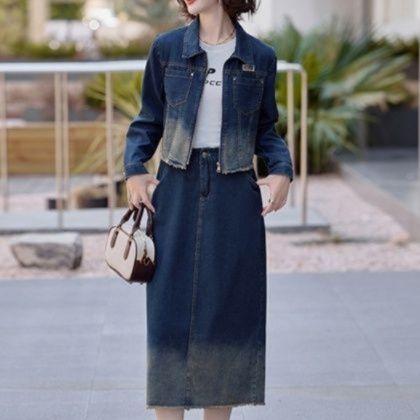 デニムセットアップ 裾グラデーション加工デニムジャケットスカート二点組