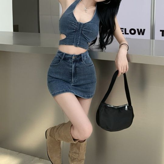 デニムセットアップ サイドカットビスチェミニセット