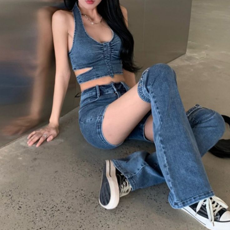 デニムセットアップ サイドカットビスチェミニセット