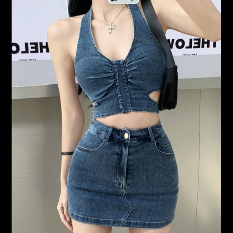 デニムセットアップ サイドカットビスチェミニセット