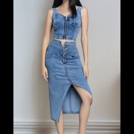 デニムセットアップ スリット入りタイトツーピース