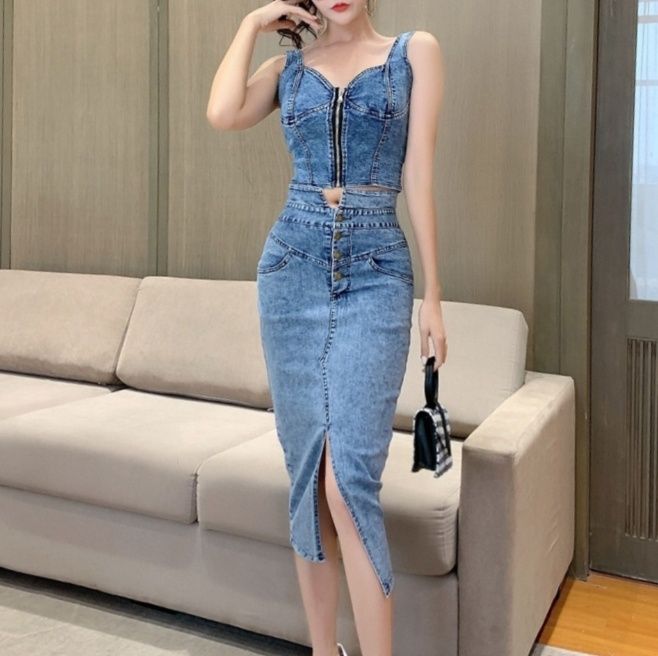 デニムセットアップ スリット入りタイトツーピース