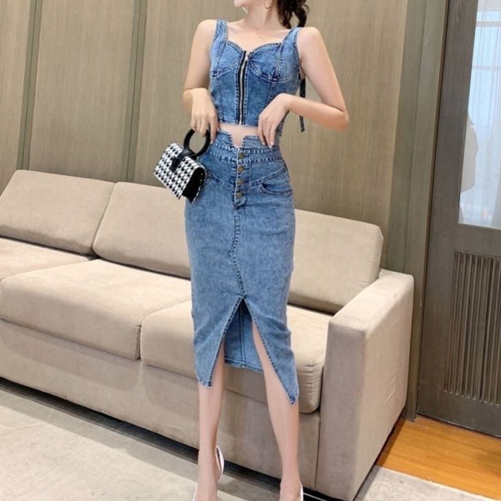 デニムセットアップ スリット入りタイトツーピース