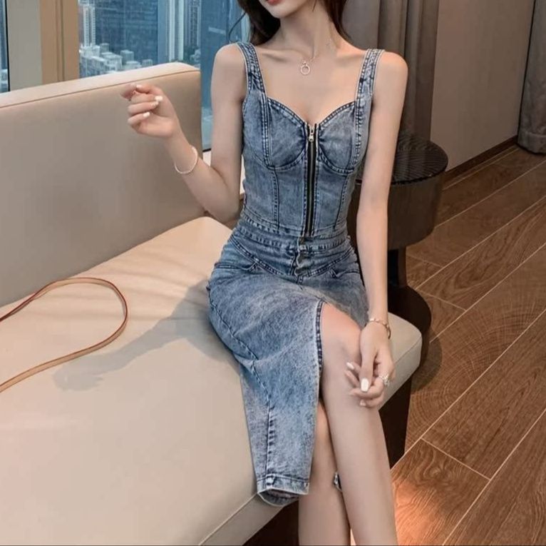 デニムセットアップ スリット入りタイトツーピース